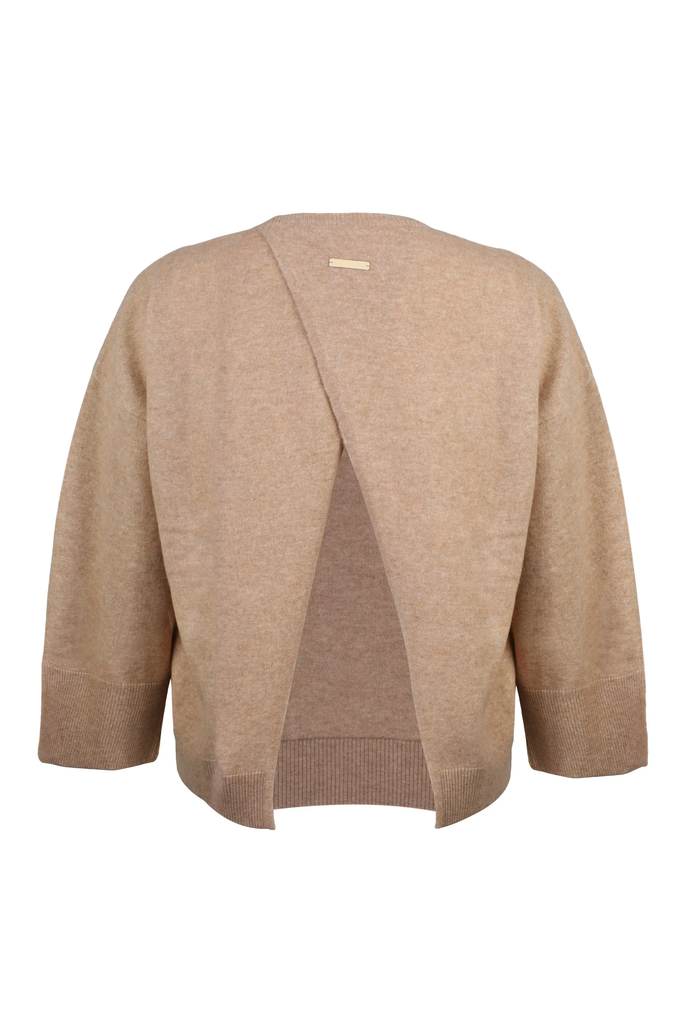 Sand Beige Cashmere Wool Romy Crew Neck Women's Sweater with Low-cut Back Detail