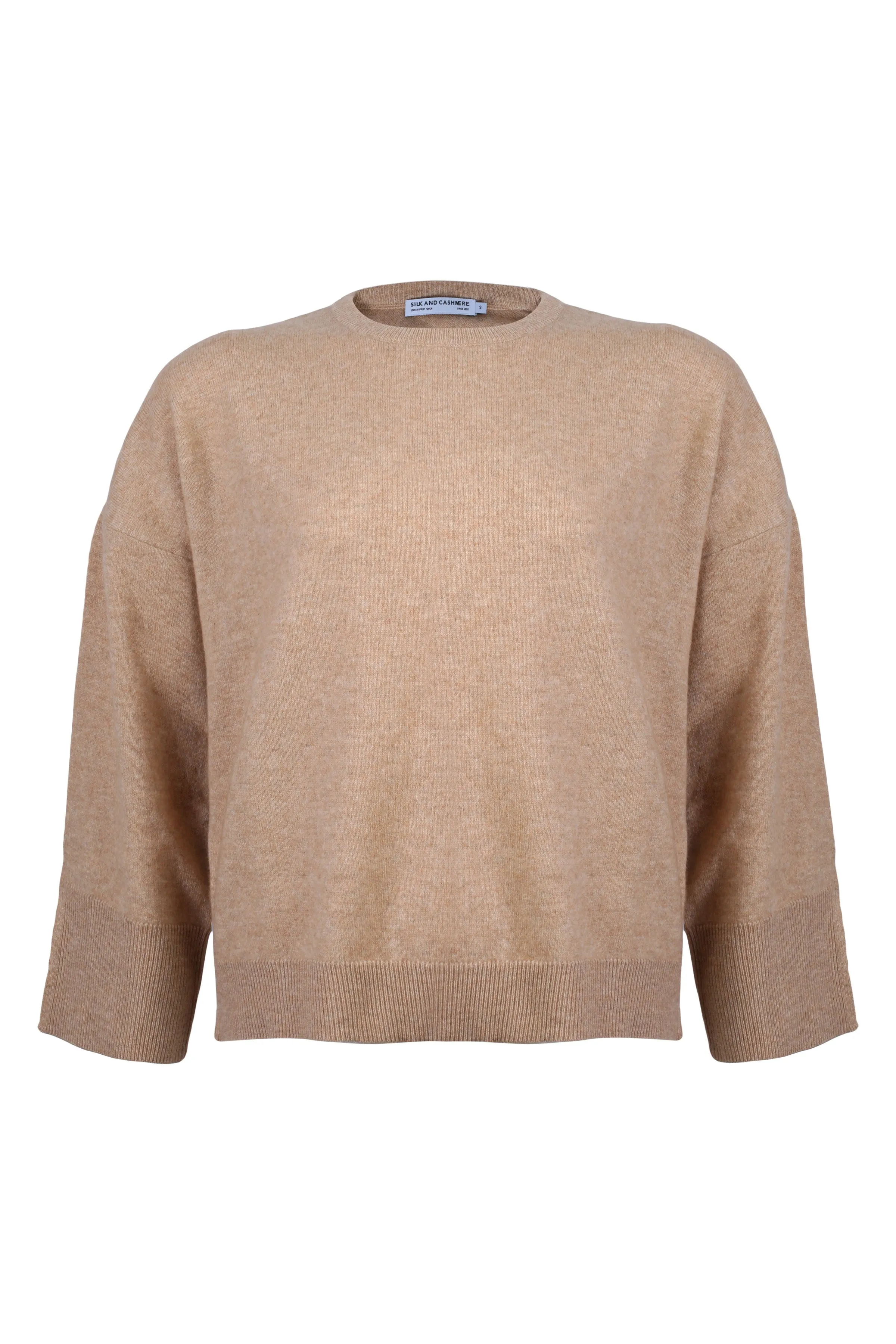 Sand Beige Cashmere Wool Romy Crew Neck Women's Sweater with Low-cut Back Detail