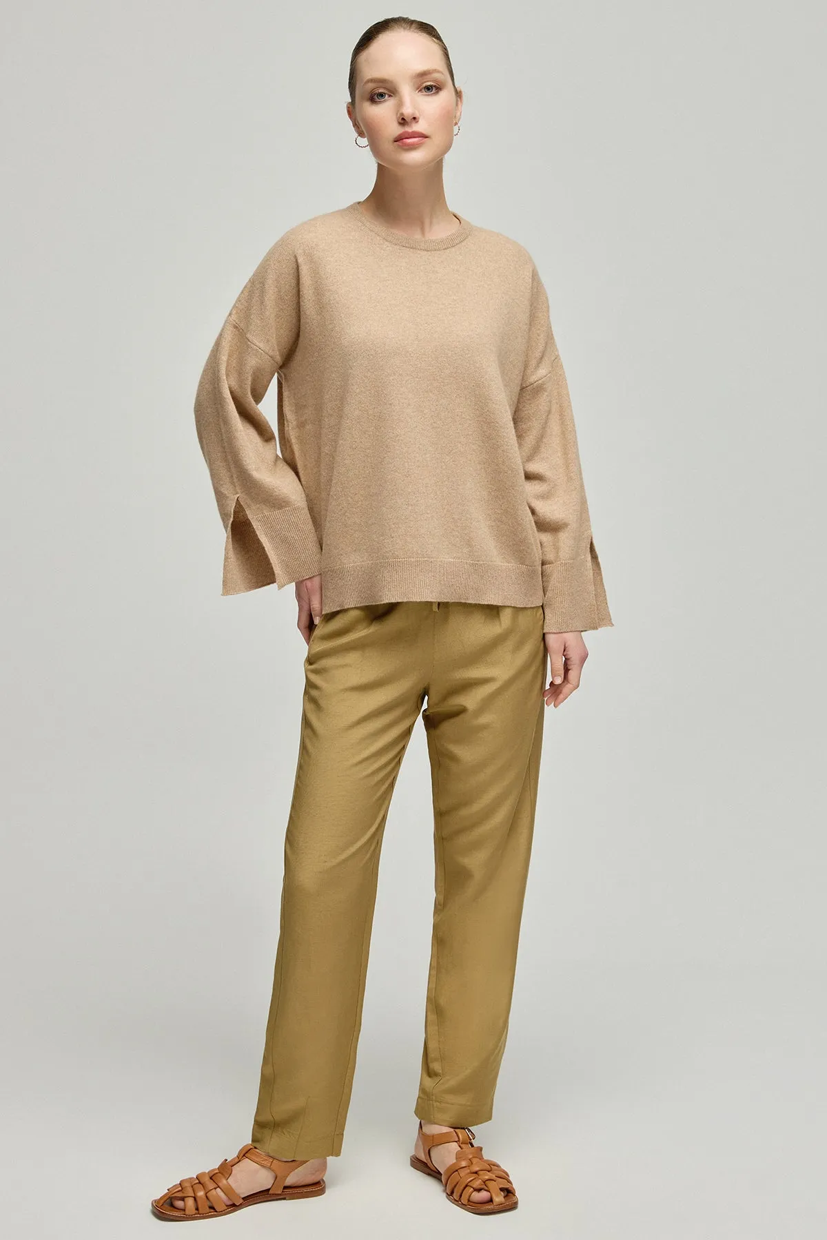 Sand Beige Cashmere Wool Romy Crew Neck Women's Sweater with Low-cut Back Detail