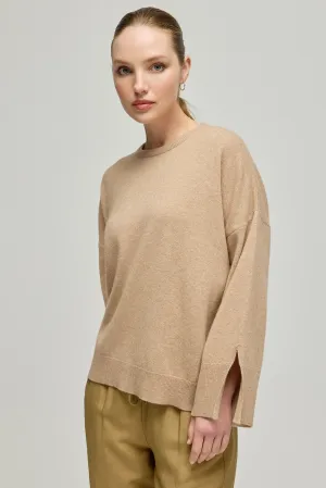 Sand Beige Cashmere Wool Romy Crew Neck Women's Sweater with Low-cut Back Detail