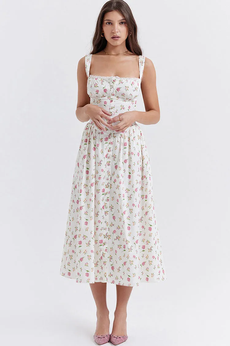 Sexy Lace Square Neck Lace Up Back Fit & Flare Midi Sundress - Floral