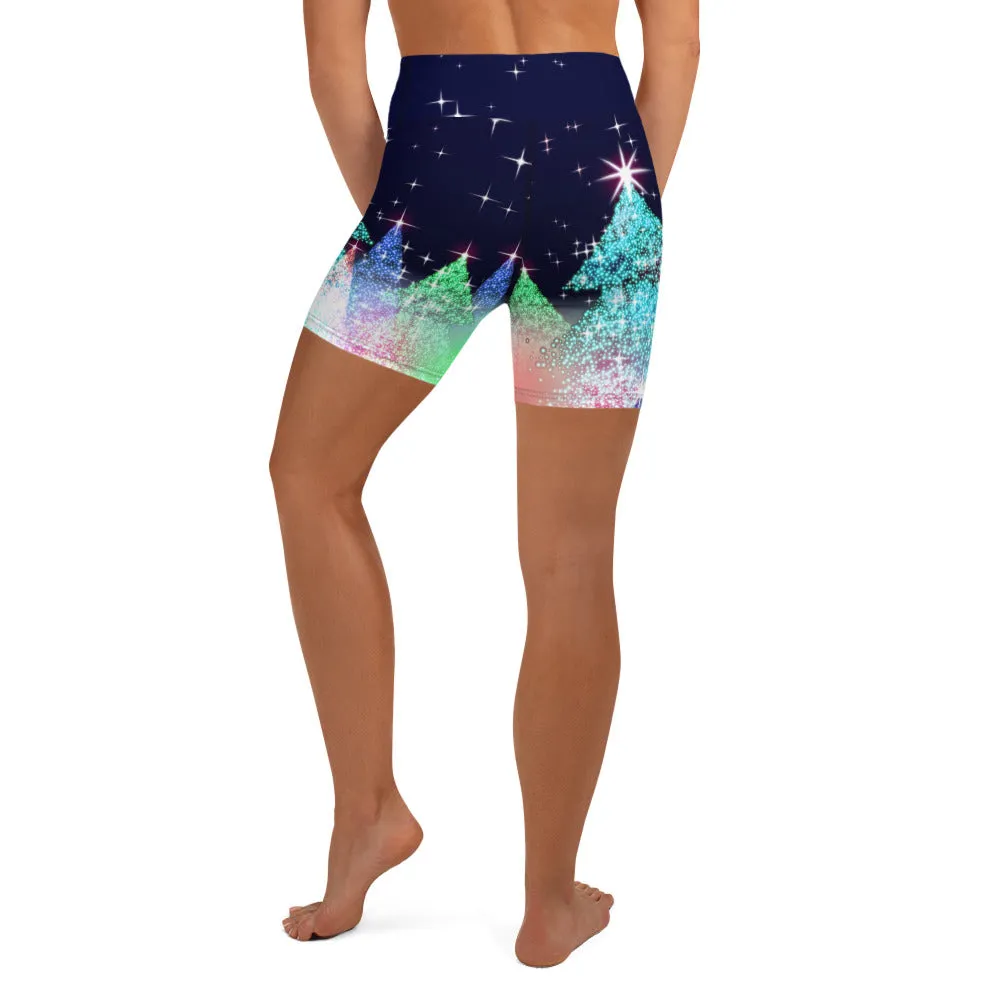 Shimmery Christmas Tree Print Yoga Shorts