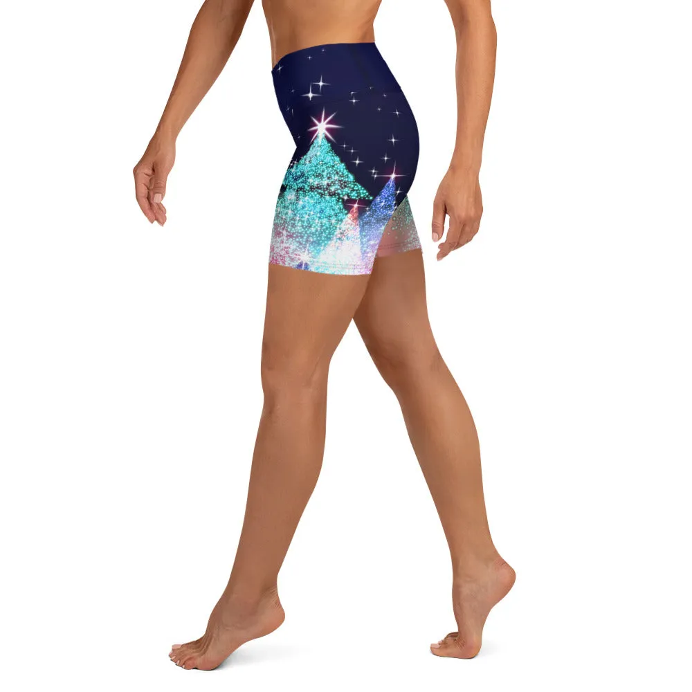 Shimmery Christmas Tree Print Yoga Shorts