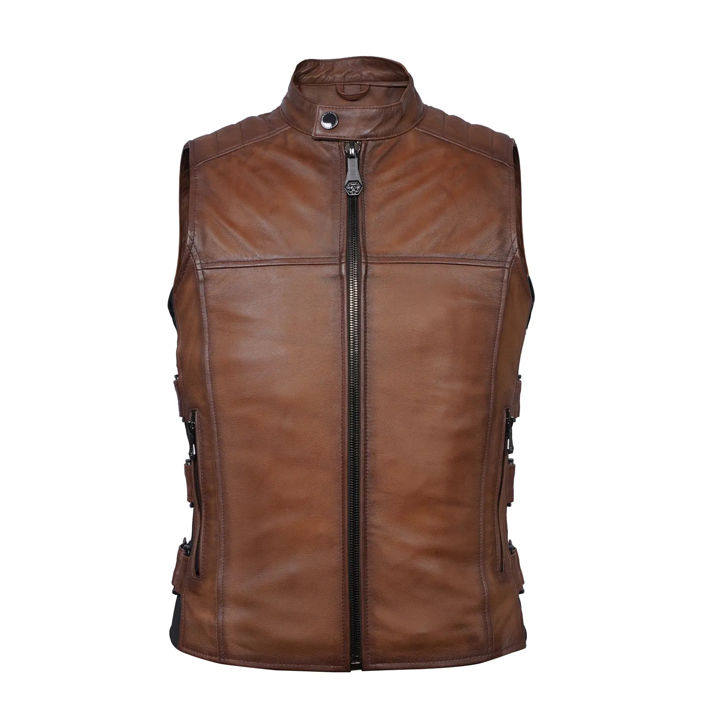 Sleeveless Biker Vest For Men in Tan Genuine Leather By Brune & Bareskin