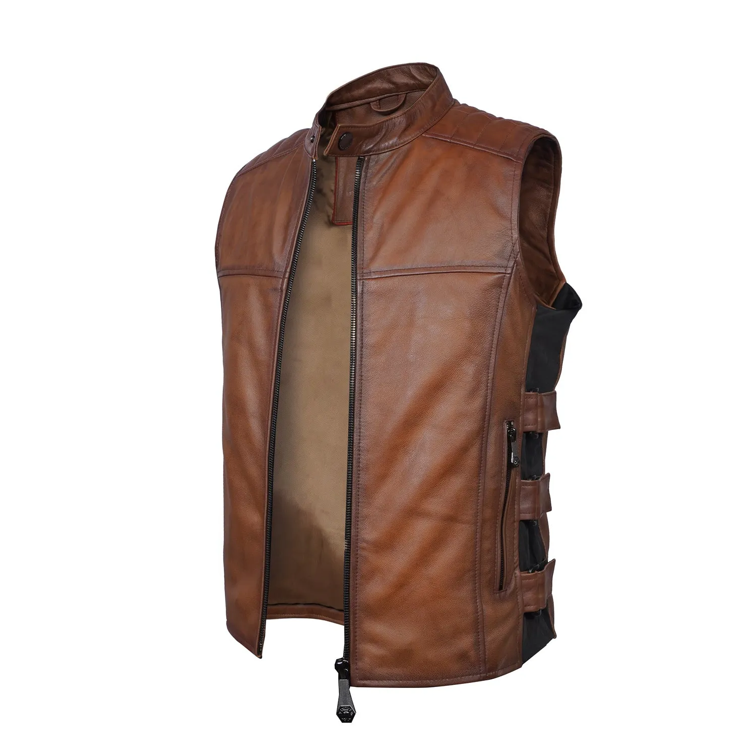 Sleeveless Biker Vest For Men in Tan Genuine Leather By Brune & Bareskin