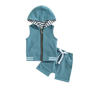 Sleeveless Blue Zipper Hooded Baby Set