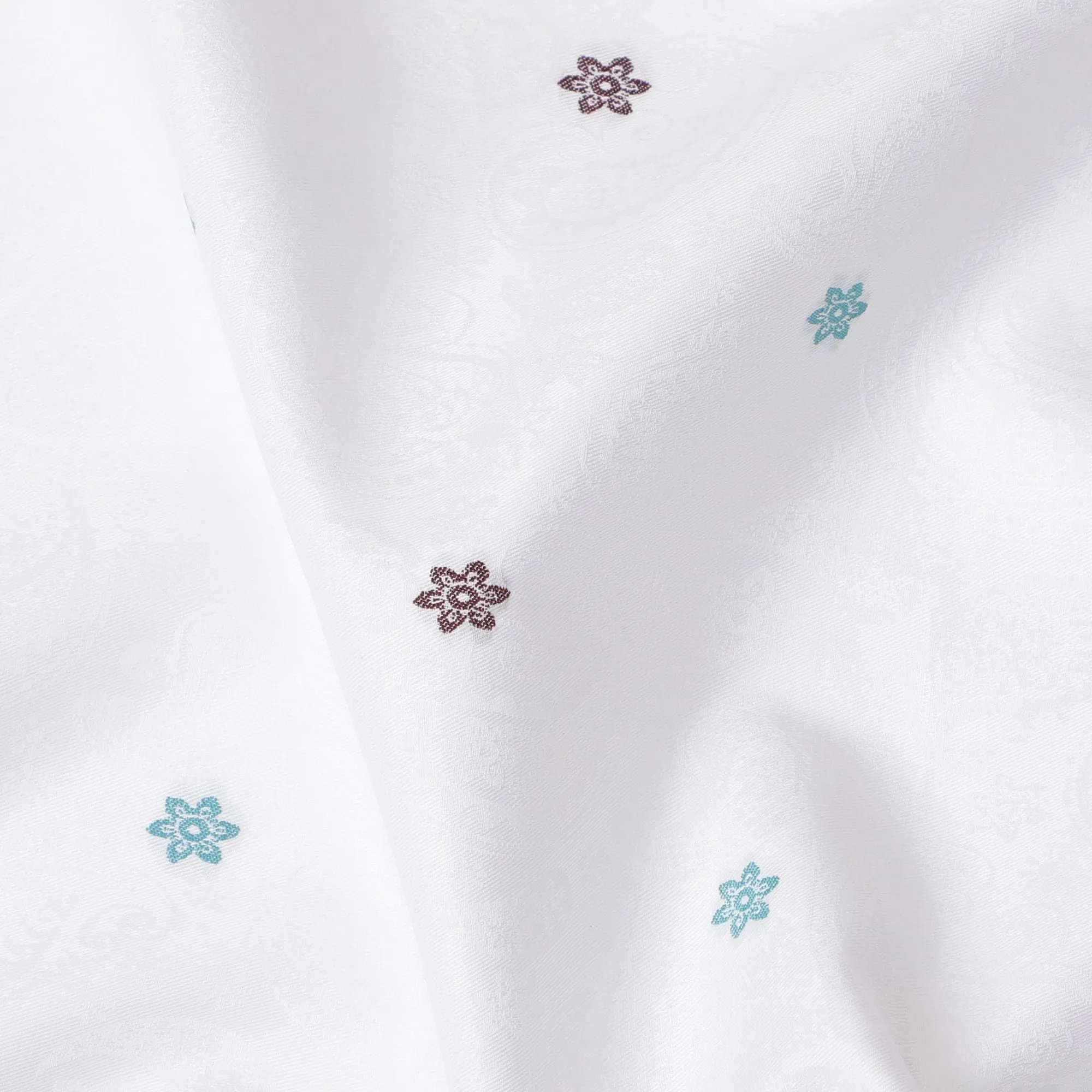 Sophisticated Floral Embellished Cotton Shirting Fabric, 150 cm Width - White with Maroon & Teal Accents-D18737