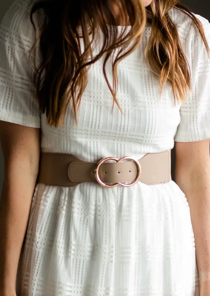 Taupe Stretch Faux Leather Double Gold Circle Belt