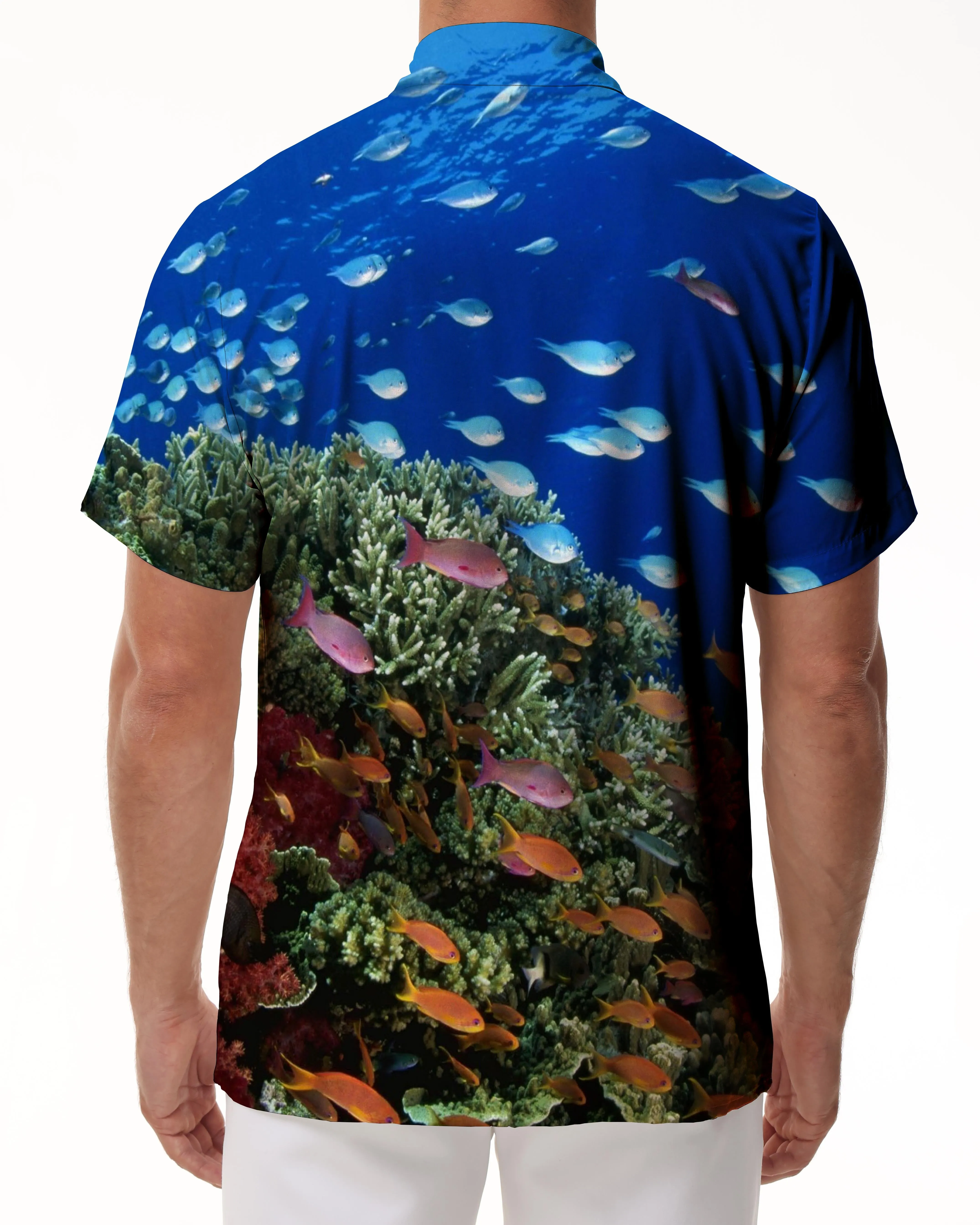 Underwater coral reef wildlife print men's short sleeve regular fit stylish tropical hawaiian beachwear