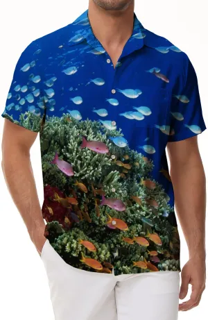 Underwater coral reef wildlife print men's short sleeve regular fit stylish tropical hawaiian beachwear