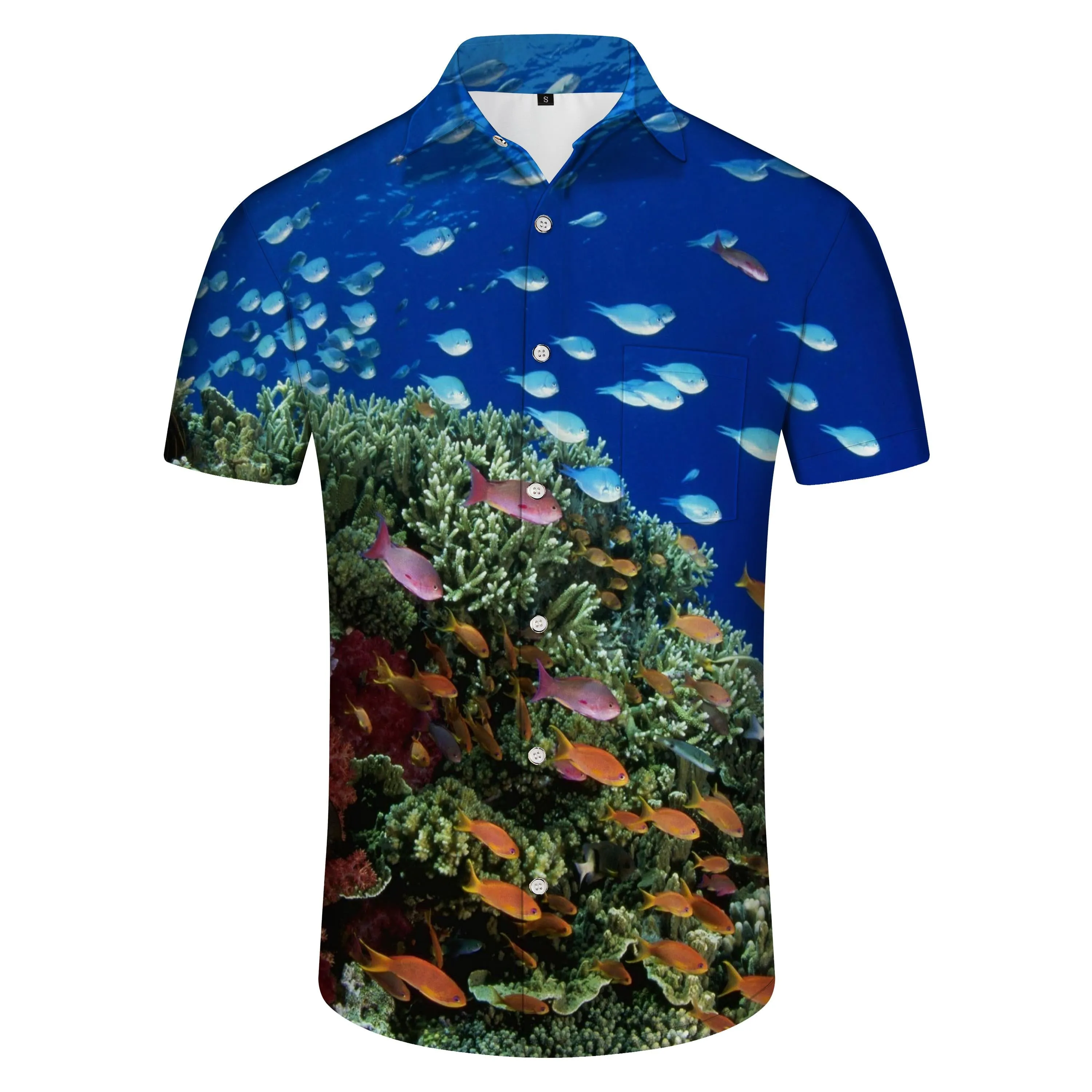 Underwater coral reef wildlife print men's short sleeve regular fit stylish tropical hawaiian beachwear