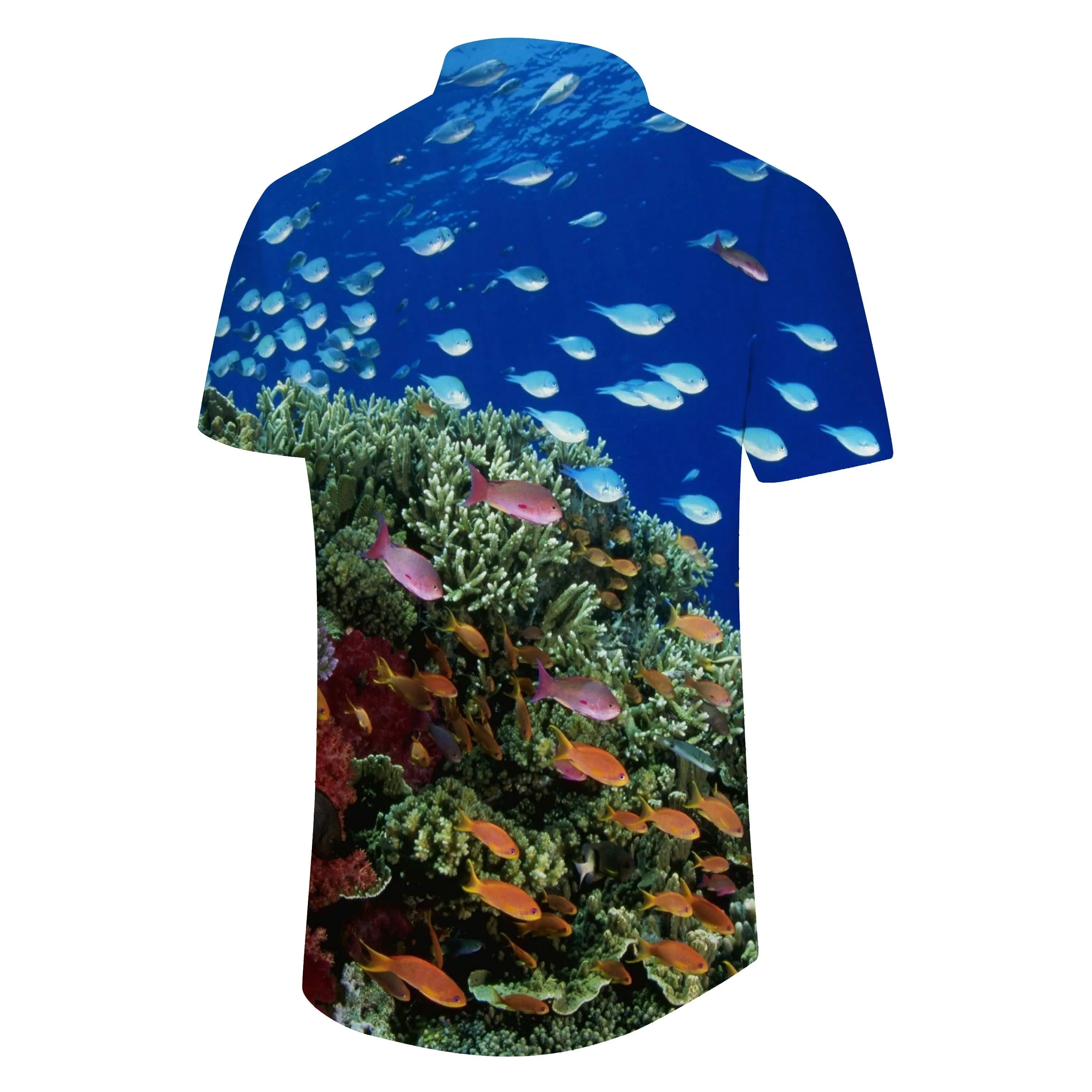 Underwater coral reef wildlife print men's short sleeve regular fit stylish tropical hawaiian beachwear