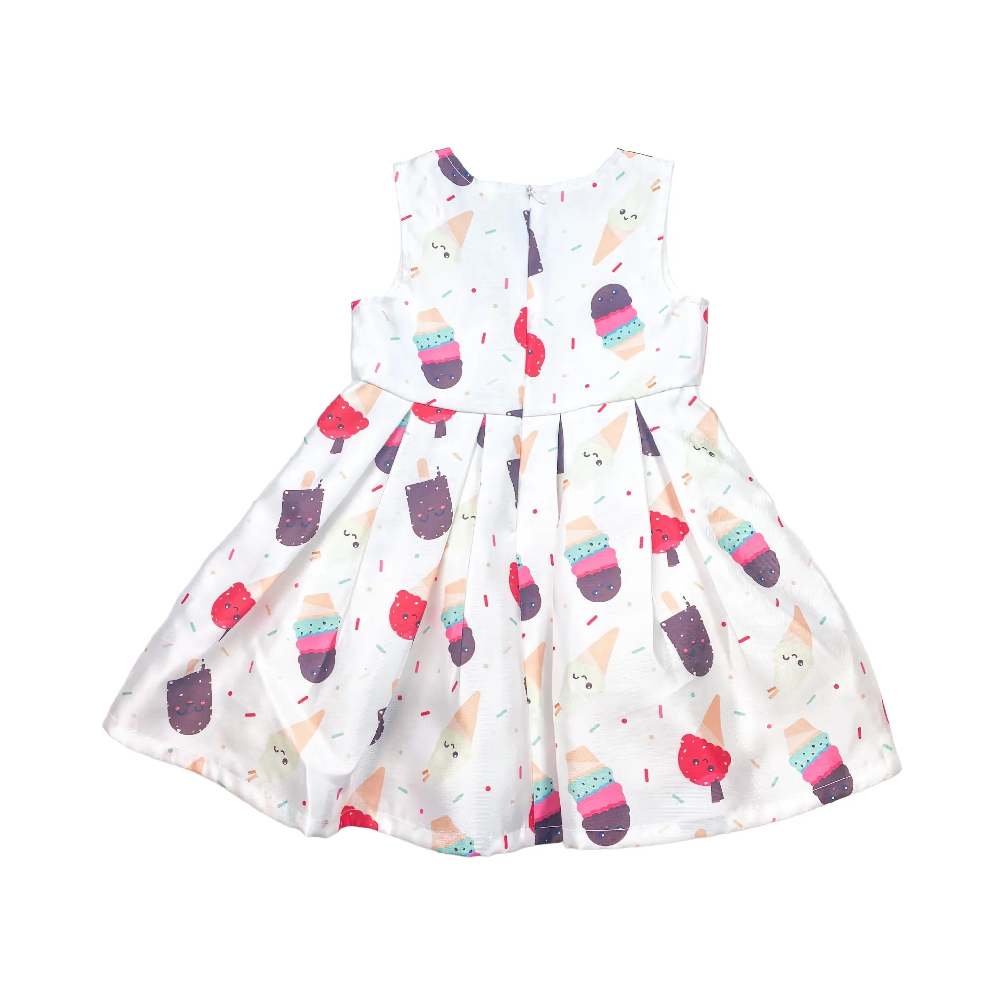 White Color Ice Cream Print Pleated Dress