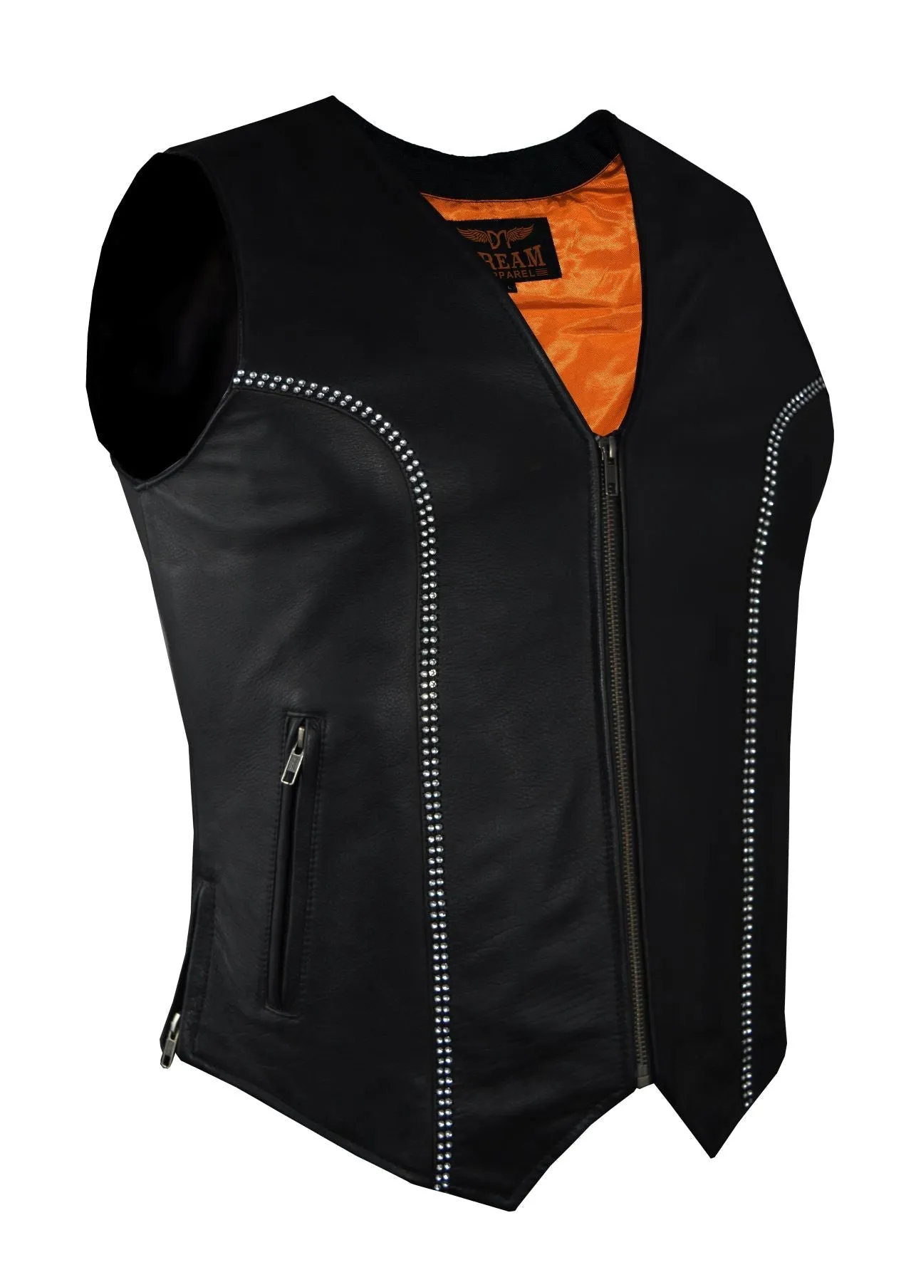 Women Zipper Front Vest with Bling, Side Zipper, Conceal Carry Pockets, Naked Cowhide Leather