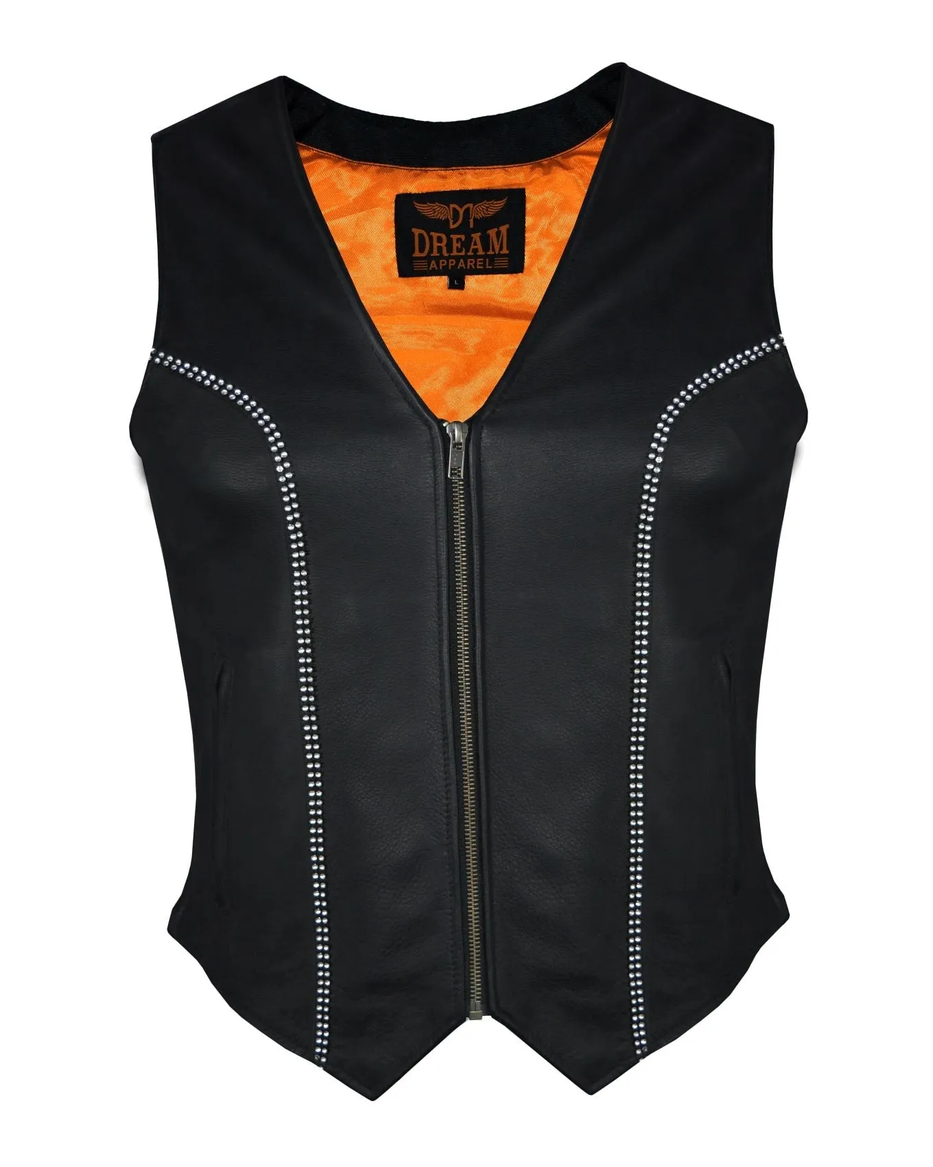 Women Zipper Front Vest with Bling, Side Zipper, Conceal Carry Pockets, Naked Cowhide Leather