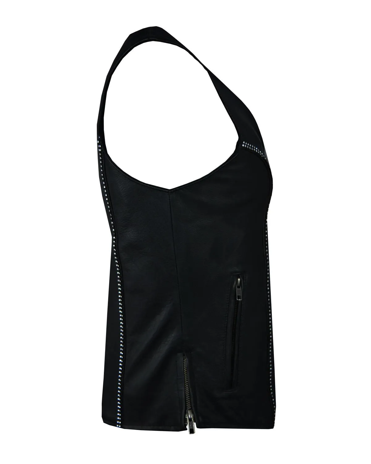 Women Zipper Front Vest with Bling, Side Zipper, Conceal Carry Pockets, Naked Cowhide Leather